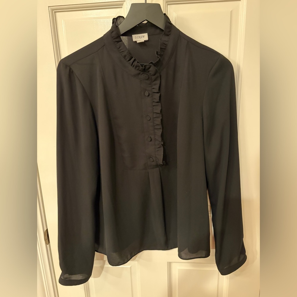 J. Crew Factory Black Ruffle-Trim Button Front Blouse Size 10
